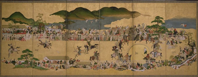 Écran pliant à six panneaux représentant un concours de chasse au chien, japonais